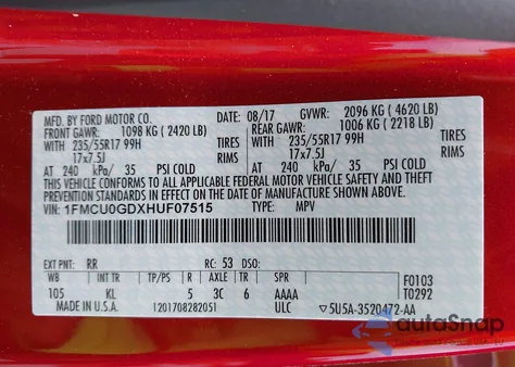 2017 Ford Escape Se из США, поврежденный, VIN 1FMCU0GDXHUF07515